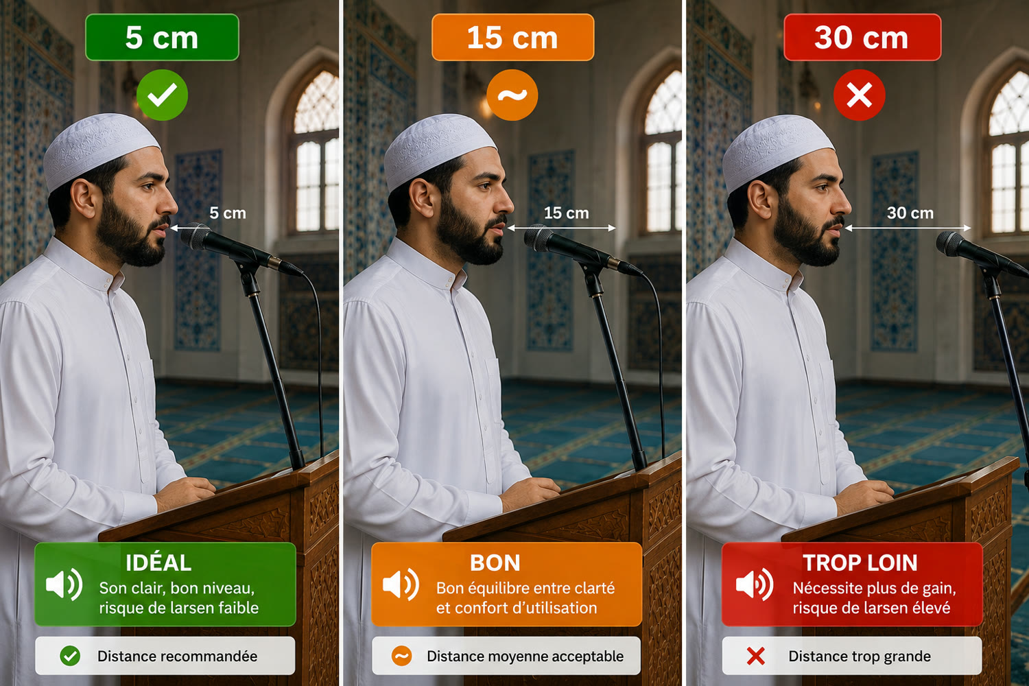 Imam à 5 cm, 15 cm et 30 cm du microphone : la bonne distance limite le larsen dans la mosquée